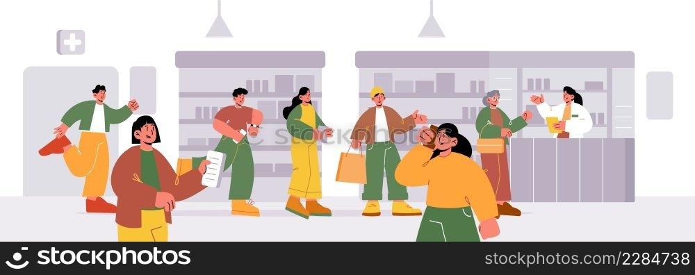 Queue in pharmacy, people line at drug store counter desk with pharmacist. Customers paying for medicine purchase, choose pills on shelves. Characters get medicine service Line art vector illustration. Queue in pharmacy, people at drug store counter