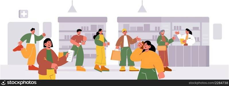 Queue in pharmacy, people line at drug store counter desk with pharmacist. Customers paying for medicine purchase, choose pills on shelves. Characters get medicine service Line art vector illustration. Queue in pharmacy, people at drug store counter