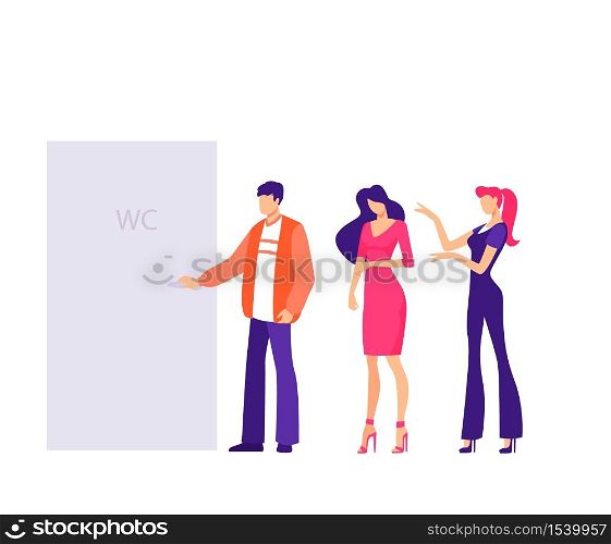 Queue in public toilet office life situation concept. Company employees female male office workers standing in line near toilet doorloosing flat vector patience while waiting turn.. Queue in public toilet office life situation concept. Company employees female male office workers standing in line.