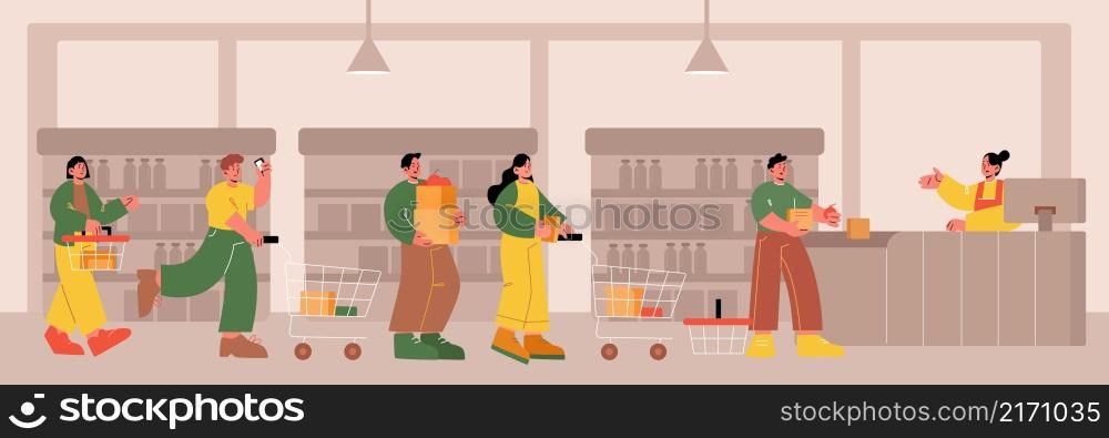 Queue in store, unhappy customers stand in long line at grocery supermarket. People with goods in shopping trolleys put buys on cashier desk for paying, sale traffic, Line art flat vector illustration. Queue in store, unhappy customers stand in line
