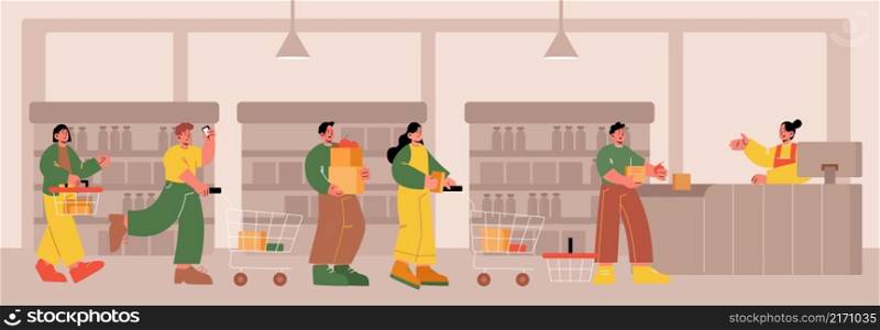 Queue in store, unhappy customers stand in long line at grocery supermarket. People with goods in shopping trolleys put buys on cashier desk for paying, sale traffic, Line art flat vector illustration. Queue in store, unhappy customers stand in line