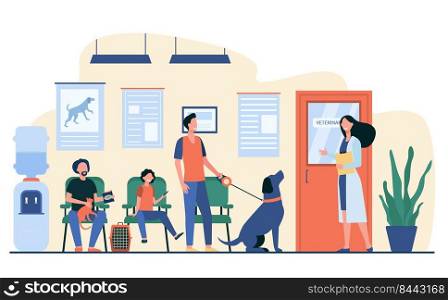 Queue of people with pets at vet room. Veterinary inviting man with cute dog in her office. Vector illustration for animal care, veterinarian clinic or hospital concept