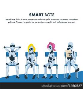Queue of Smart Robot Sit Wait for Job Interview. Pensive Nervous and Relaxed Artificial Intelligence on Chair Hold Resume. Male and Female Office Bot. Cartoon Flat Vector Illustration. Queue of Smart Robot Sit Wait for Job Interview