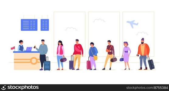 Queue of tourists. Travel people line departure airport, check passenger flight airplane, happy tourist suitcase traveling transit in vacation, cartoon vector illustration. Airport line to terminal. Queue of tourists. Travel people line departure airport, check passenger flight airplane, happy tourist suitcase traveling transit in vacation, cartoon garish vector illustration