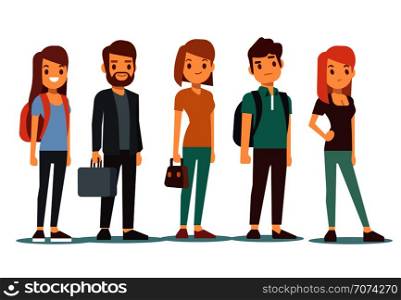 Queue of young people. Waiting women and men standing in line. Queue wait woman and man. Vector illustration. Queue of young people. Waiting women and men standing in line. Vector illustration