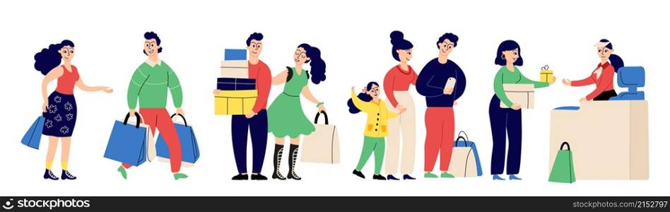 Queue people in shop. Happy buyers with purchase, shopping bag and gift box. Man woman child in waiting line, isolated customers vector cartoon characters. Illustration shopper in market or grocery. Queue people in shop. Happy buyers with purchase, shopping bag and gift box. Man woman child in waiting line, isolated customers vector cartoon characters