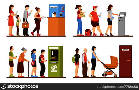 Queue people set with registry office and ATM symbols flat isolated vector illustration. Queue People Set