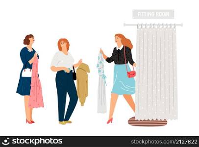 Queue to fitting room. Female in fashion store with clothes in waiting line, happy women vector scene. Queue to fitting room
