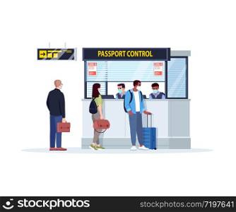Queue to passport control semi flat RGB color vector illustration. Registration in airport terminal during virus outbreak. Control counter. Checkin isolated cartoon character on white background