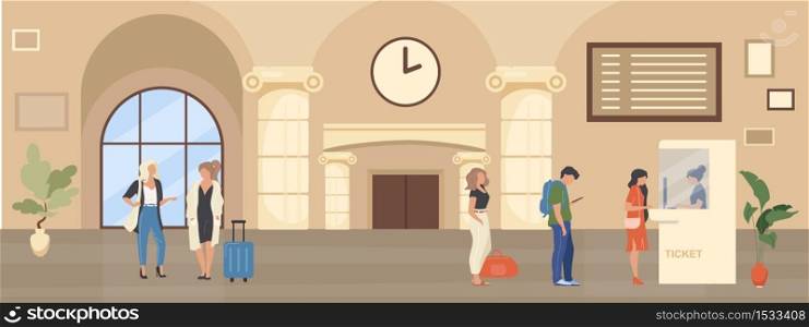 Queue to ticket booth flat color vector illustration. People wait inside railway terminal to buy pass for commuter. Booking service. Passenger 2D cartoon characters with interior on background. Queue to ticket booth flat color vector illustration