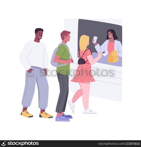 Queuing for food isolated cartoon vector illustrations. Group of people queuing up for meal near the food truck, eating out outdoors, waiting for dishes, friends leisure time vector cartoon.. Queuing for food isolated cartoon vector illustrations.