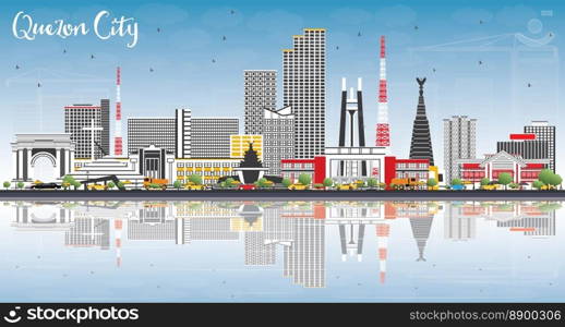 Quezon City Philippines Skyline with Gray Buildings, Blue Sky and Reflections. Vector Illustration. Business Travel and Tourism Illustration with Modern Architecture.
