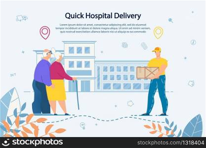 Quick Delivery Service. Transportation Goods, Products, Groceries, Drugs and Pharmaceuticals to Hospital for Elderly People. Old Senior Married Couple Receiving Parcel Package from Courier. Delivery Service to Hospital for Elderly People