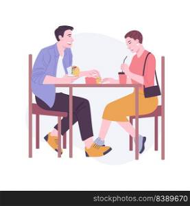 Quick lunch isolated cartoon vector illustrations. Happy couple sitting in the cafe outdoors, eating tasty sandwich, outdoor eatery, have lunch together, urban lifestyle vector cartoon.. Quick lunch isolated cartoon vector illustrations.