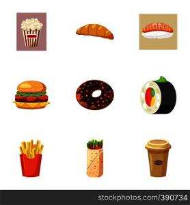 Quick snack icons set. Cartoon illustration of 9 quick snack vector icons for web. Quick snack icons set, cartoon style