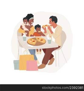 Quick snack isolated cartoon vector illustration Family at food court snacking, shopping bags, eating at the mall, having lunch, weekend together, commercial center, snack bar vector cartoon.. Quick snack isolated cartoon vector illustration