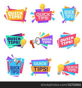 Quick tip. Helpful tricks and advice blog post badges with idea light bulb and megaphone symbols on creative origami banners vector blogging colorful text labels. Quick tip. Helpful tricks and advice blog post badges with idea light bulb and megaphone symbols on creative origami banners vector labels