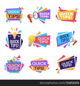Quick tip labels. Helpful tricks and advice blog post badges with idea light bulb and megaphone symbols and text, reminders sticker isolated vector set. Quick tip labels. Helpful tricks and advice blog post badges with idea light bulb and megaphone symbols and text, reminders vector set