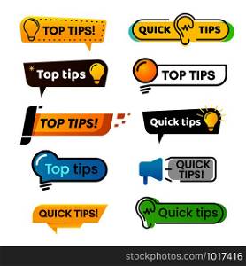 Quick tips. Idea suggestion, tricks solutions advice and best solution tip, quickly solutions trick helpful advices suggestion bubbles isolated vector banner isolated sign set. Quick tips. Idea suggestion, tricks solutions advice and best solution tip isolated vector banner sign