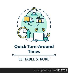 Quick turn around times concept icon. Delivery service. Freight transportation. Logistics. Transport of goods idea thin line illustration. Vector isolated outline drawing. Editable stroke