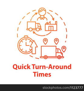 Quick turn around times concept icon. Delivery service. Freight transportation. Logistics. Transport of goods idea thin line illustration. Vector isolated outline drawing