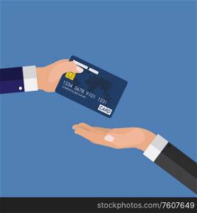 Quickly payment Concept. Hand giving credit card to other hand. Vector Ilustration EPS10. Quickly payment Concept. Hand giving credit card to other hand. Vector Ilustration