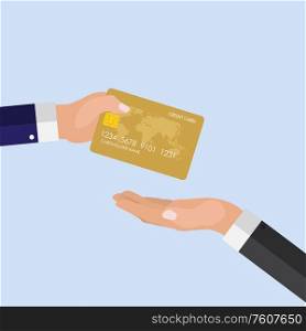 Quickly payment Concept. Hand giving credit card to other hand. Vector Ilustration EPS10. Quickly payment Concept. Hand giving credit card to other hand. Vector Ilustration