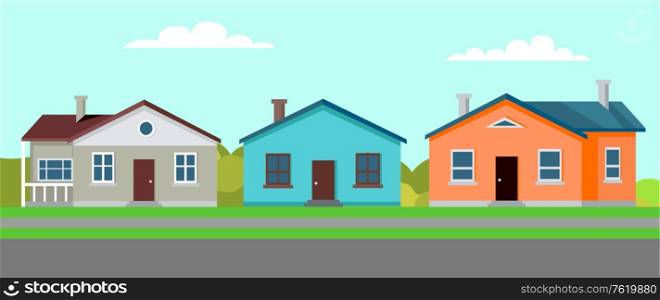 Quiet town with several buildings vector, residence and estate with greenery and lawns, homes built in traditional suburban style by long road flat style. Modern Cityscape, Calm City, Quiet Town Vector
