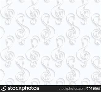 Quilling paper countered G clef.White geometric background. Seamless pattern. 3d cut out of paper effect with realistic shadow.