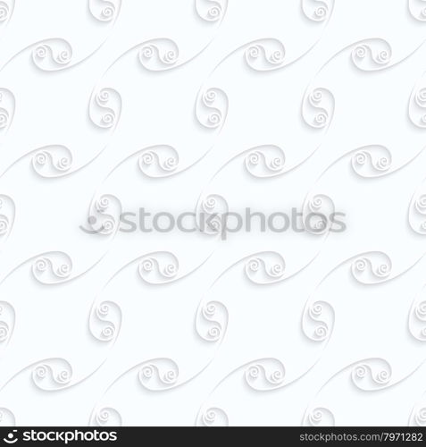 Quilling paper diagonal arcs with spirals.White geometric background. Seamless pattern. 3d cut out of paper effect with realistic shadow.