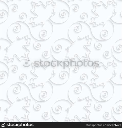 Quilling paper diagonal maple leaves with spirals on vine.White geometric background. Seamless pattern. 3d cut out of paper effect with realistic shadow.