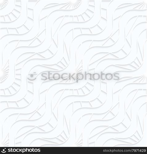 Quilling paper diagonal waves with rays.White geometric background. Seamless pattern. 3d cut out of paper effect with realistic shadow.