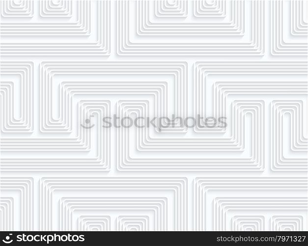 Quilling paper fastened arcs with offset.White geometric background. Seamless pattern. 3d cut out of paper effect with realistic shadow.