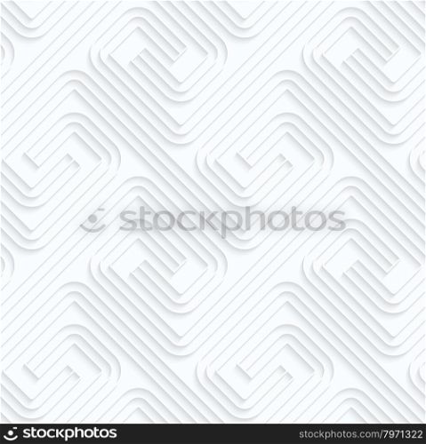 Quilling paper fastened square spirals with offset.White geometric background. Seamless pattern. 3d cut out of paper effect with realistic shadow.