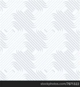 Quilling paper fastened square spirals with offset.White geometric background. Seamless pattern. 3d cut out of paper effect with realistic shadow.