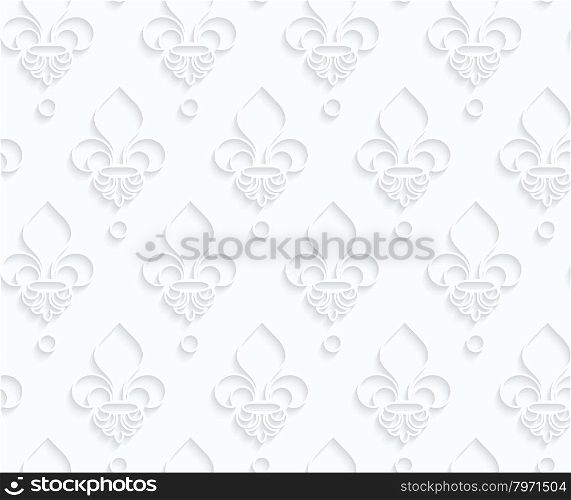 Quilling paper Fleur-de-lis.White geometric background. Seamless pattern. 3d cut out of paper effect with realistic shadow.