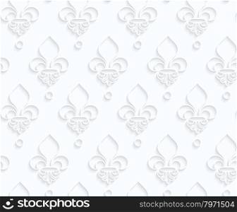 Quilling paper Fleur-de-lis.White geometric background. Seamless pattern. 3d cut out of paper effect with realistic shadow.