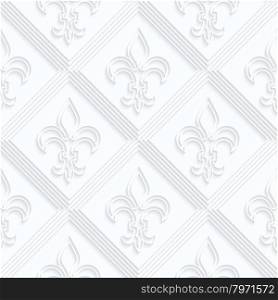 Quilling paper Fleur-de-lis with double grid.White geometric background. Seamless pattern. 3d cut out of paper effect with realistic shadow.