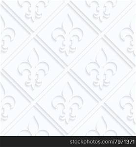 Quilling paper Fleur-de-lis with grid.White geometric background. Seamless pattern. 3d cut out of paper effect with realistic shadow.