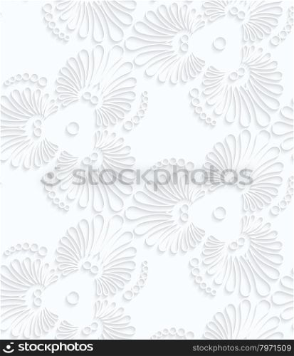 Quilling paper flourish tear drops.White geometric background. Seamless pattern. 3d cut out of paper effect with realistic shadow.