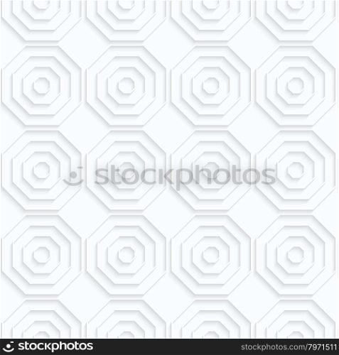 Quilling paper octagons with offset in row.White geometric background. Seamless pattern. 3d cut out of paper effect with realistic shadow.