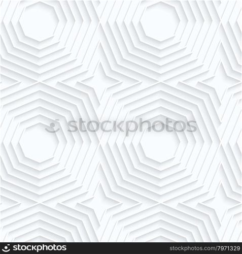 Quilling paper offset octagons.White geometric background. Seamless pattern. 3d cut out of paper effect with realistic shadow.