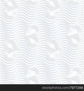 Quilling paper wavy lines and hearts with rim.White geometric background. Seamless pattern. 3d cut out of paper effect with realistic shadow.