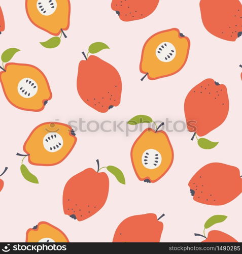 Quince apple seamless pattern. Hand drawn vector illustration on pink background. Quince apple seamless pattern. Hand drawn vector illustration