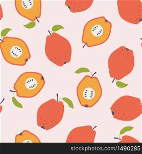 Quince apple seamless pattern. Hand drawn vector illustration on pink background. Quince apple seamless pattern. Hand drawn vector illustration
