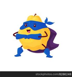Quince fruit cartoon superhero character. Vector defender super hero personage in cape and mask stand in protective pose. Funny cheerful fairytale healthy food, brave tropical vitamin ready for feat. Quince fruit cartoon superhero defender character