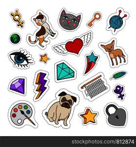 Quirky fashion patches set with animals, diamond, heart and key on white background. Vector stickers or badges collection. Quirky fashion patches set