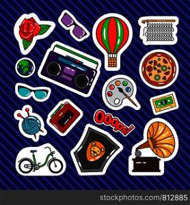 Quirky style retro patches set with cassette recorder, bicycle, air balloon and sunglasses. Vector stickers or badges collection on blue background. Quirky style retro patches