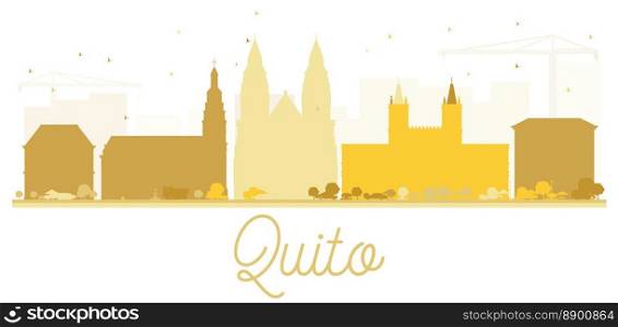 Quito City skyline golden silhouette. Simple flat illustration for tourism presentation, banner, placard or web site. Cityscape with landmarks.