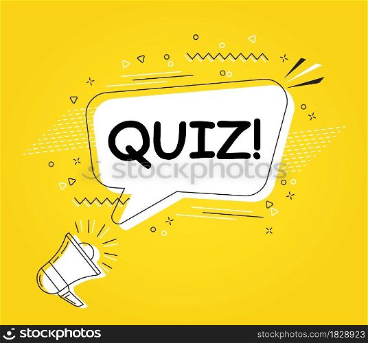 Quiz in bubble vector on bright yellow background. Comic speech bubble. Cartoon comic explosion. Colorful speech balloon with megaphone. Massages and talk signs for app, web.. Comic speech bubble. Cartoon comic explosion. Colorful speech balloon with megaphone.